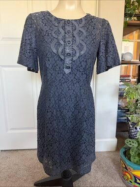 3.1 Phillip Lim Navy Lace Midi Dress with Decorative Button Placket
